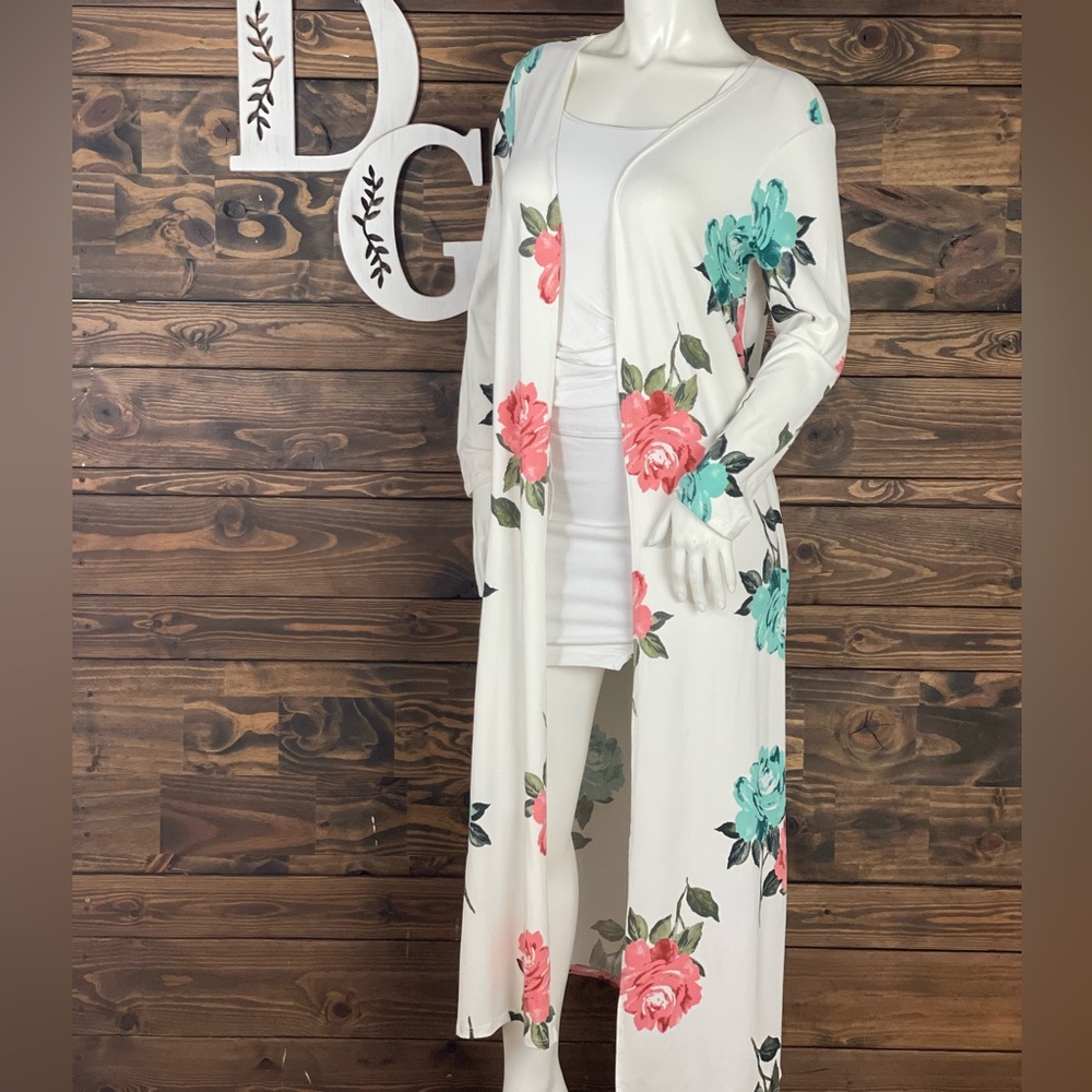 Urban Rose | Flower Rose Floral Long Duster Cardigan Rounded Neck Pink Teal
